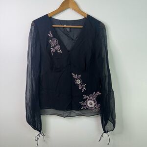 Carole Fairy Grunge Black Sheer Silk Babydoll L Floral Sequin Romantic Y2K Top